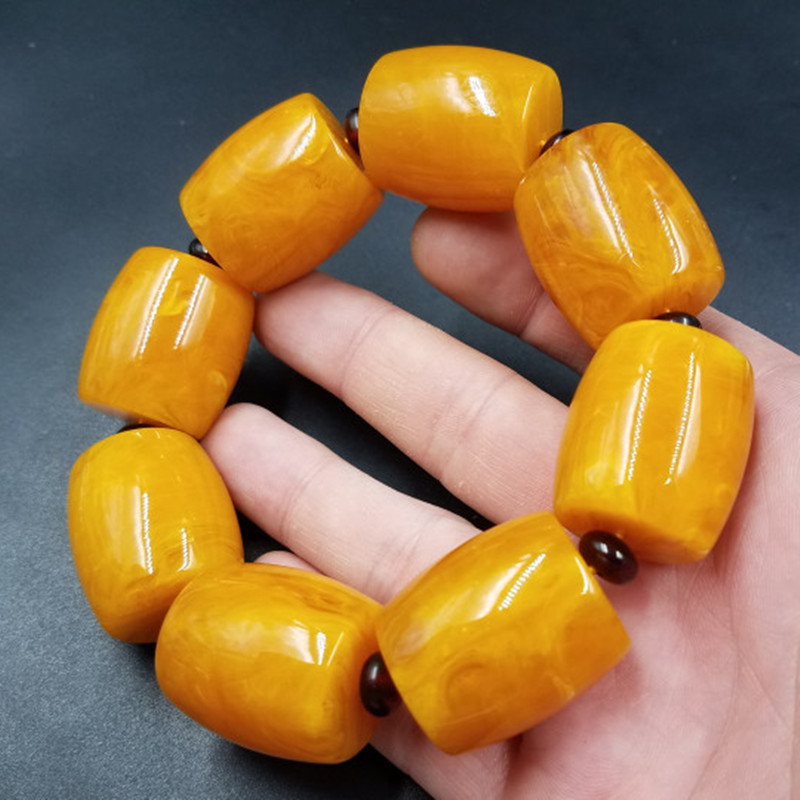 新款精美鸡油黄仿蜜蜡桶珠手链大号蜜蜡路路通手链老蜜蜡手串