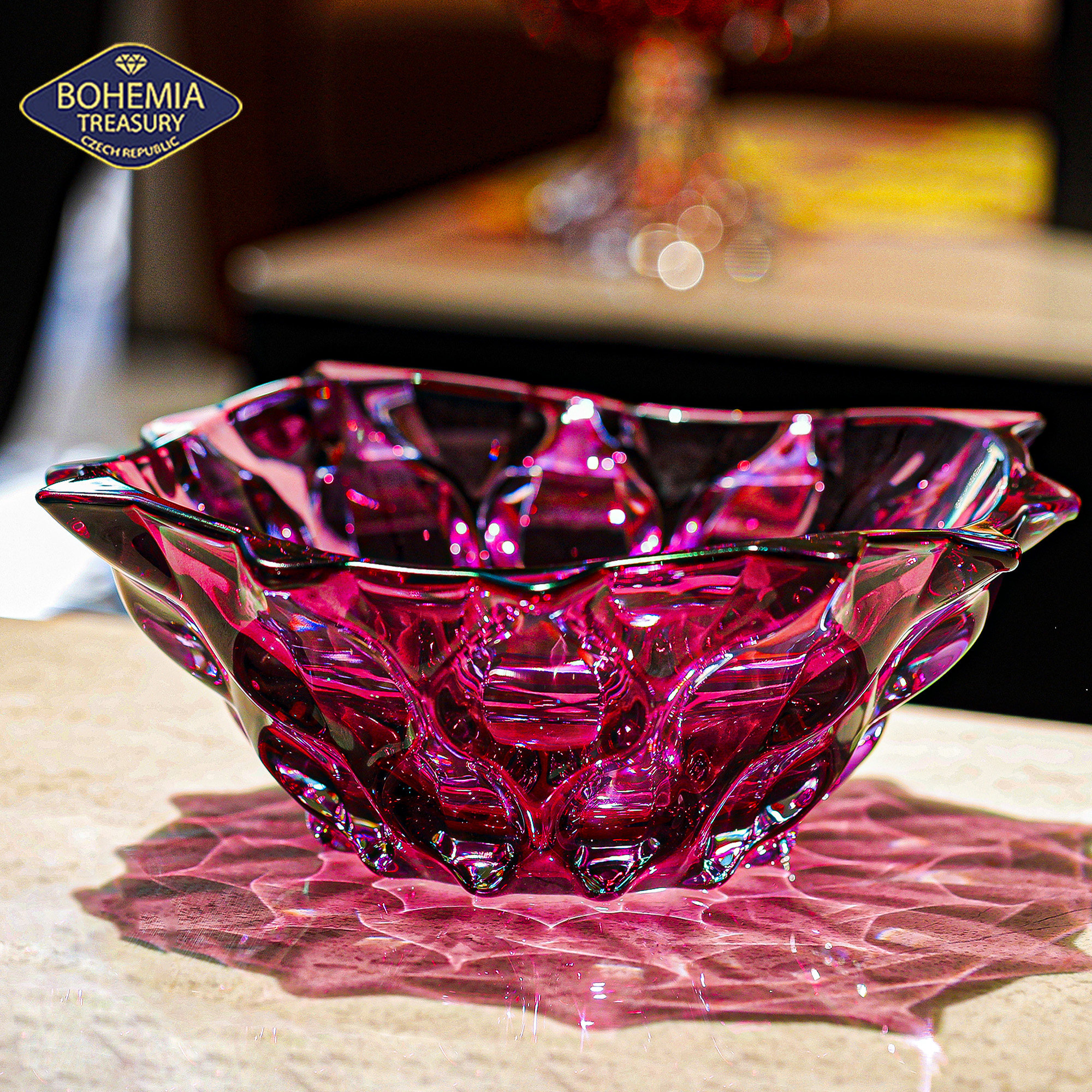 捷克进口BOHEMIA 彩色水晶玻璃水果盘子欧式大号干果零食带脚果斗