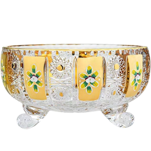 珐琅镀金贴花水果盘捷克工艺水晶玻璃高脚大果斗干果零食果碗果盅