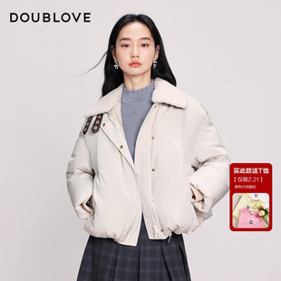 DOUBLOVE贝爱三醋酸白鸭绒机车风羽绒服绵羊皮革短款高领25冬新