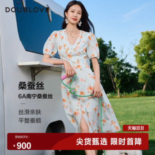 桑蚕丝印花连衣裙浪漫DOUBLOVE贝爱早秋新款 仲夏玫瑰园