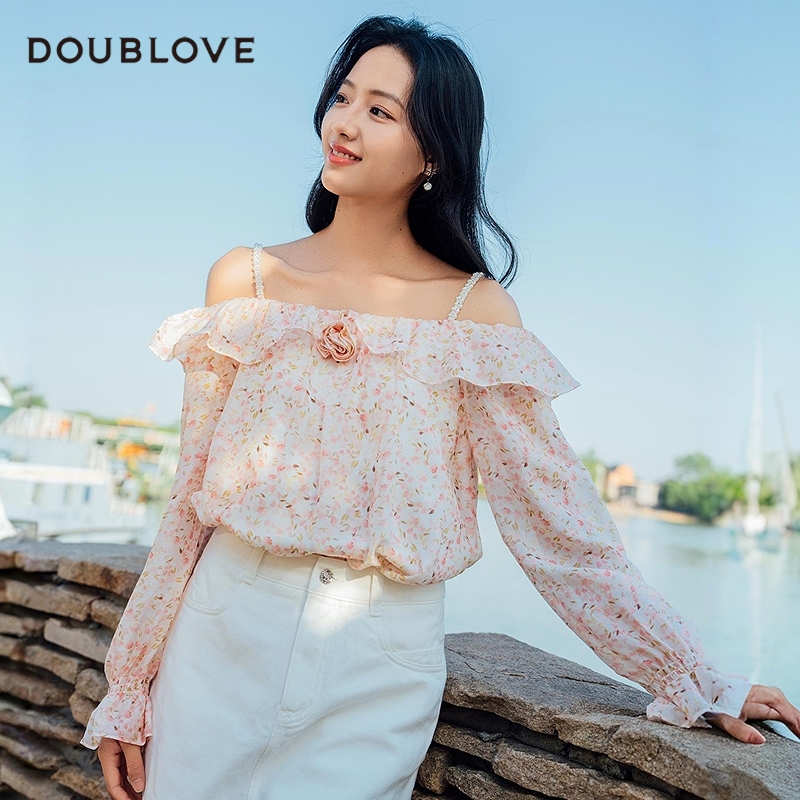 【花海玫瑰度假衫】一字肩桑蚕丝衬衫碎花上衣DOUBLOVE贝爱25夏新