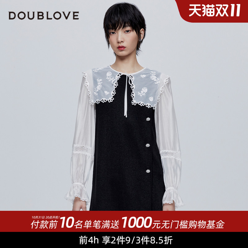 doublove贝爱22早春新款宫廷风刺绣大翻领针织连衣裙浪漫唯美