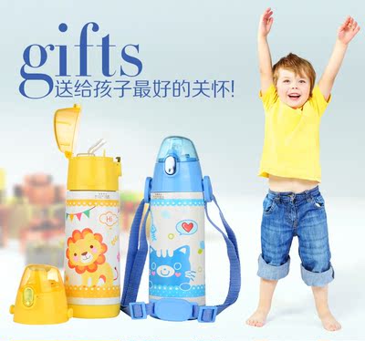 嘉德仕双盖不锈钢水壶儿童保温杯背带防漏喝水吸管杯卡通直饮水瓶
