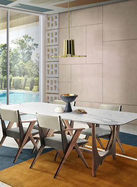 DEGAS设计师大理石餐桌ALBERTO侘寂风中古实木餐桌椅组合一桌四椅