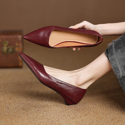 2025春秋季新款真皮尖头坡跟单鞋中跟皮鞋配裙子红色低跟鞋女鞋子