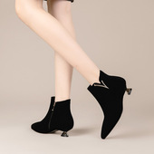 尖头小短靴女2025秋冬季 真皮猫跟短筒马丁靴低跟单靴裸靴女靴 新款