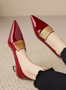 2026春夏季新款真皮尖头酒红色低跟单鞋女皮鞋高跟鞋3cm小跟鞋子