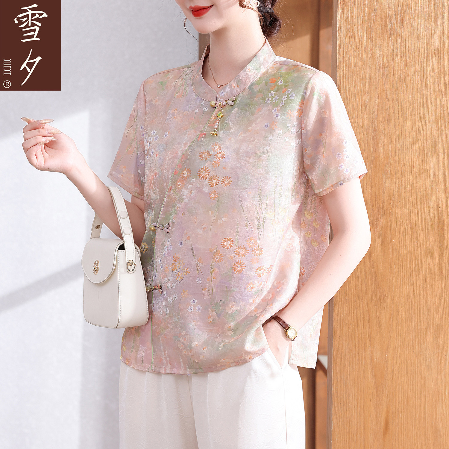 妈妈夏套装短袖雪纺新中式t恤上衣服时尚减龄一整套穿搭中老年女