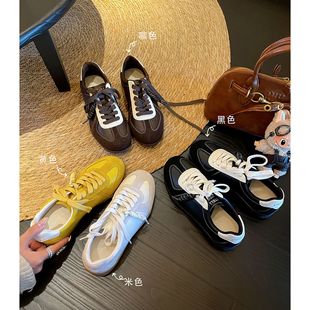 女 真皮系带拼色休闲运动德训鞋 葡萄妈同款 内增高4cm