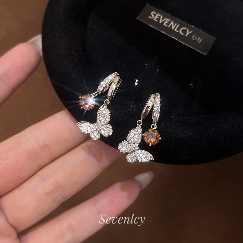 七与 新品【枫糖蝶梦】重工爆闪~925银针焦糖钻蝴蝶耳钉女