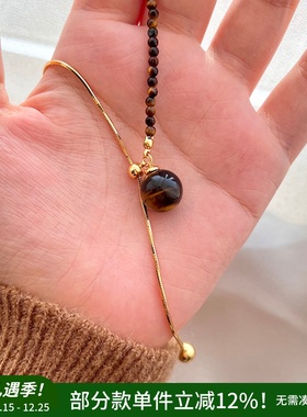 新品【秋意渐浓】不对称虎眼石圆球抽拉项链毛衣链高级