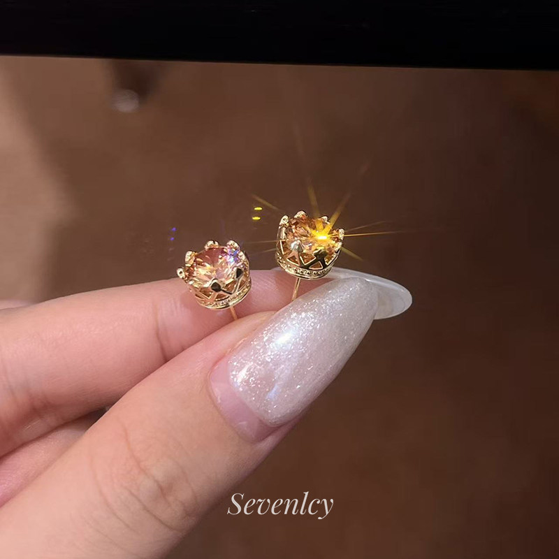 SEVENLCY七与 香槟皇冠 轻奢精工巨闪贵气轻奢香槟金钻耳钉女