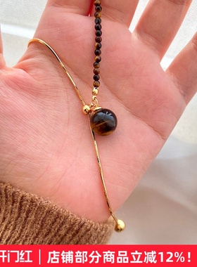 新品【秋意渐浓】不对称虎眼石圆球抽拉项链毛衣链高级