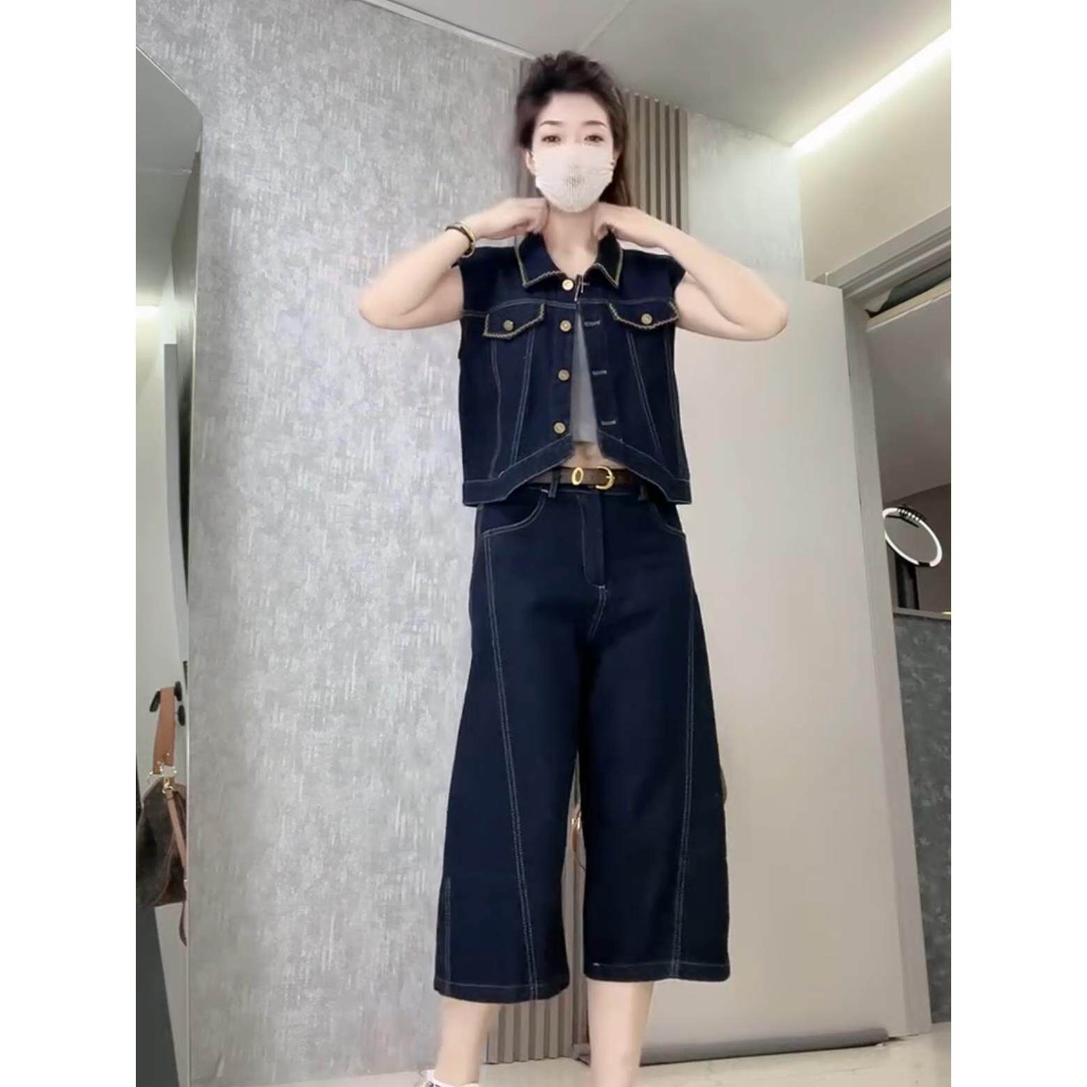 欧货时尚休闲牛仔套装女秋季新款韩版显瘦无袖马甲阔腿裤两件套潮