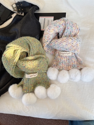 彩虹糖保暖毛球流苏围巾针织围脖