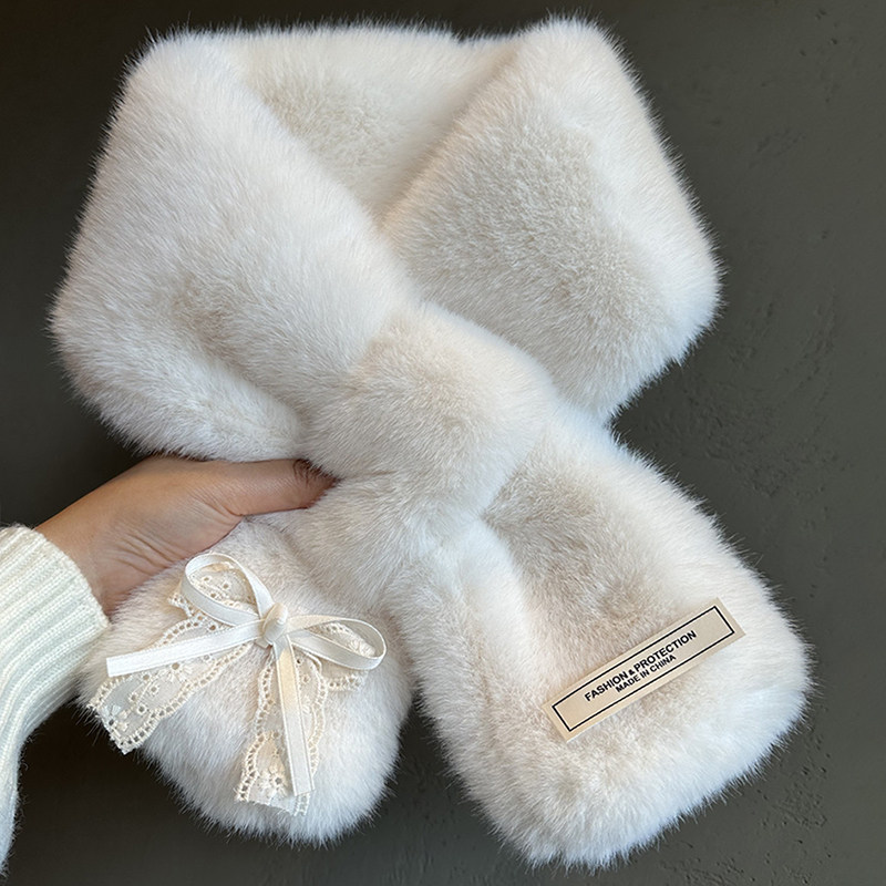 日系甜美蕾丝蝴蝶结毛绒短款交叉围脖女冬季新款加厚保暖护颈围巾