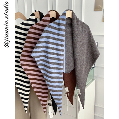 韩版百搭经典拼色条纹针织大三角披肩女春秋新款百搭护颈保暖围脖