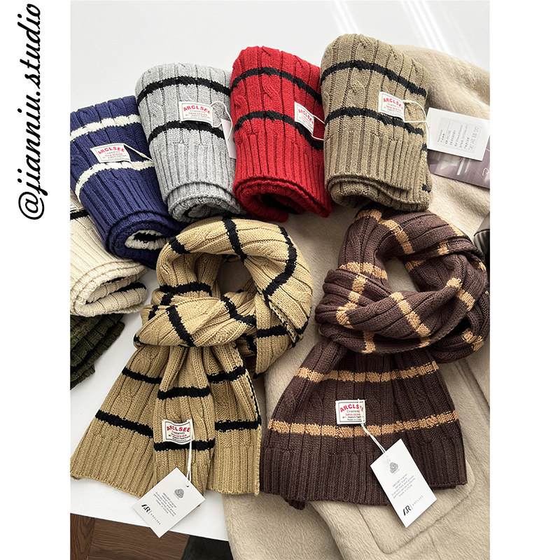 日系撞色条纹麻花针织围巾女秋冬季新款学生百搭保暖防寒护颈围脖