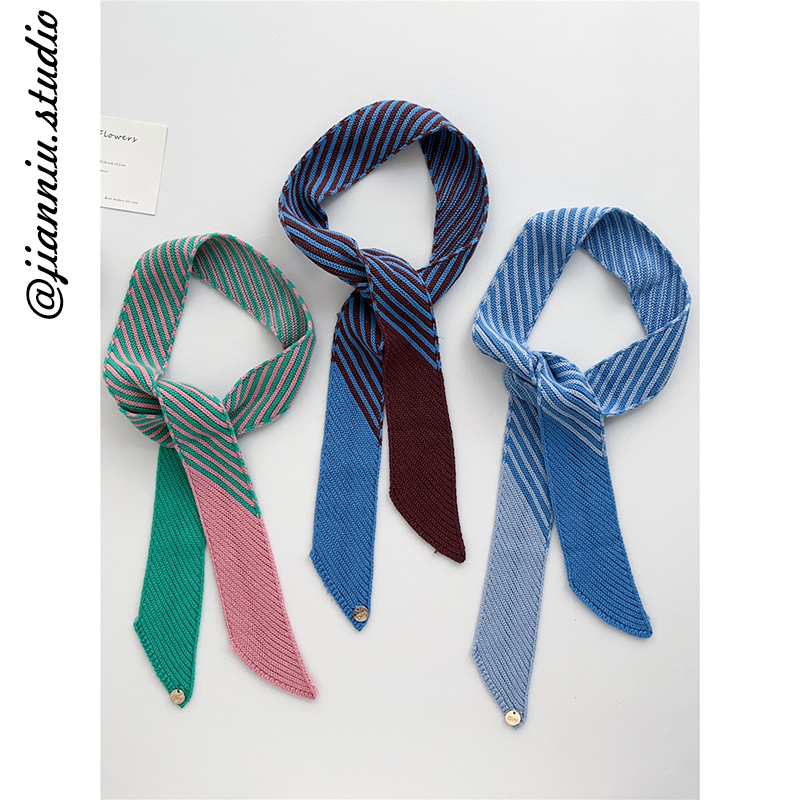 小众设计感拼色条纹细窄长条围巾女2025新款韩版时尚百搭装饰围脖