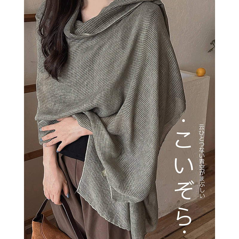 纯色格子亚麻围巾女2026春秋季新款复古文艺时尚百搭薄款护颈披肩