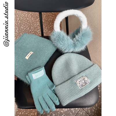 氛围感冰岛蓝色保暖针织帽子女冬季新款加厚防寒过冬保暖四件套潮