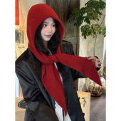 2025秋冬季 新款 纯色针织帽子披肩一体女两用外搭加厚保暖护颈围脖