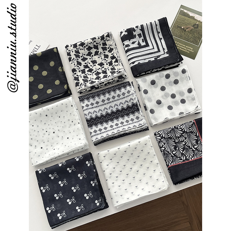 黑白复古碎花小方巾女春夏薄款透气时尚百搭装饰系脖领巾发带丝巾