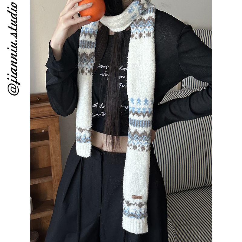 费尔岛风复古提花细窄长条围巾女秋冬韩系百搭保暖护颈针织小围脖
