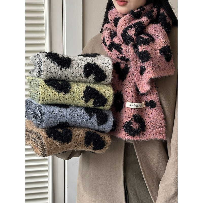 时尚经典复古豹纹软糯针织围巾冬季千禧辣妹保暖羊毛混纺毛线围脖