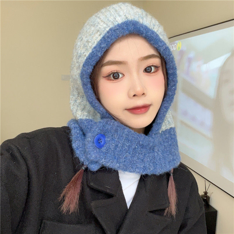 小众拼色巴拉克拉法帽女秋冬保暖护颈套头一体围脖帽子针织毛线帽