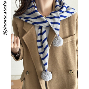 日系手工球球条纹三角围巾女秋冬新款时髦百搭保暖护颈围脖披肩潮