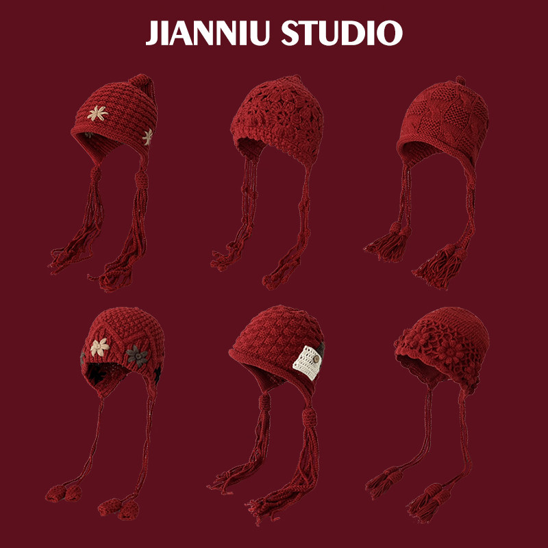 新年红色手工钩针辫子流苏针织毛线帽子女冬季新款保暖护耳套头帽
