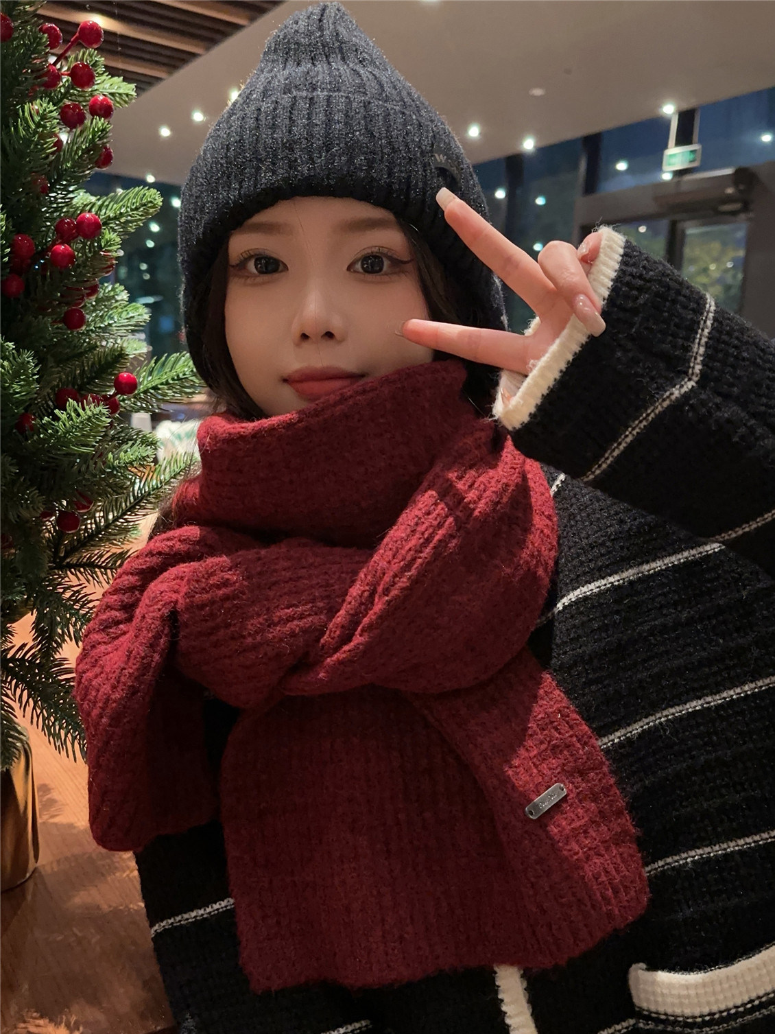 新年红色围巾女冬季2025新款针织毛线围脖韩版百搭高级感加厚保暖