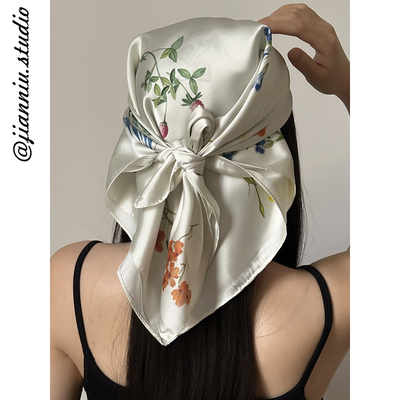 法式油画风仿真丝花朵方巾