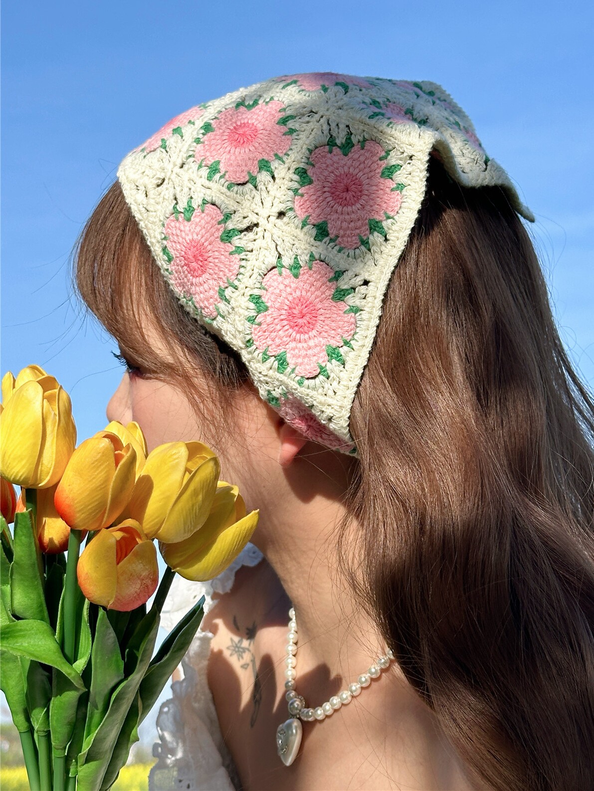 法式复古三角巾手工勾花针织包头巾少女风氛围感文艺甜美发带头饰