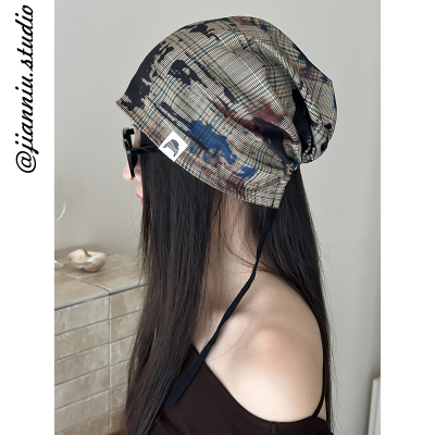 小众格纹系带套头帽子女个性不规则涂鸦包头帽慵懒风显脸小堆堆帽