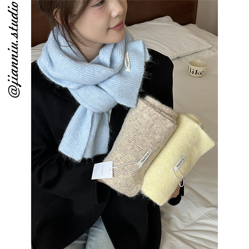 高级感软糯奶蓝色针织毛线围巾女冬季氛围感百搭加厚保暖护颈围脖