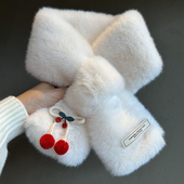 日系可爱樱桃毛绒交叉短款 学生加厚保暖百搭防寒护颈围巾 围脖冬季