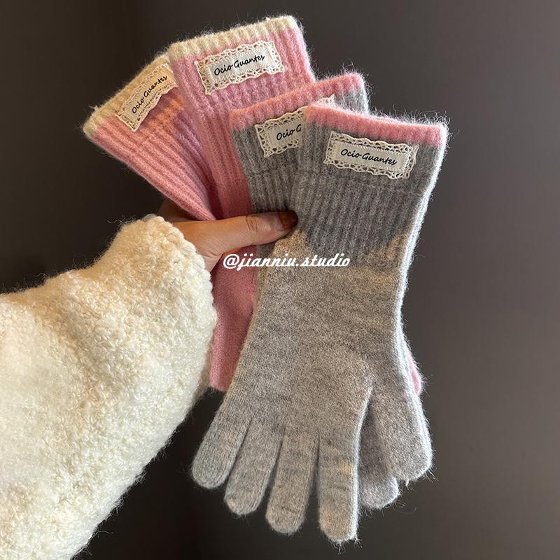 冬季羊毛混纺撞色针织手套女韩版骑行保暖防风露指可触屏分指手套