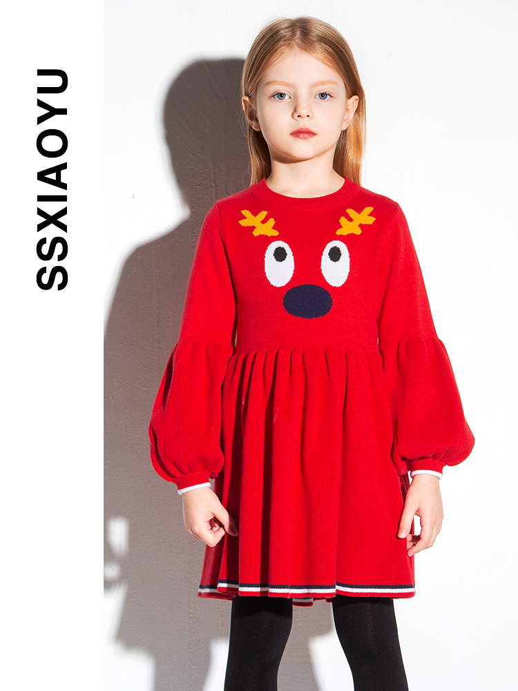 Fashionable small fish children's clothing 2019 autumn new net red medium and large children's foreign style girls lantern sleeves woolen skirt long sleeves