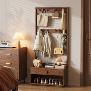 实木落地衣帽架带穿衣镜换鞋凳一体挂衣架家用客厅入户卧室收纳架