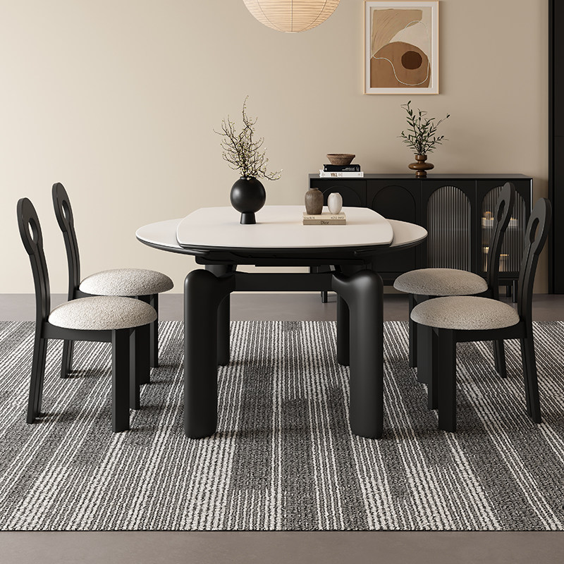 岩板餐桌可伸缩变圆桌实木家用简约意式小户型法式奶油风吃饭桌子