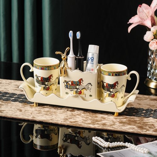 欧式陶瓷情侣刷牙漱口杯置物架洗漱杯子牙具杯一对牙杯套装浴室