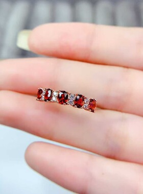 新款天然石榴石戒指925银镶嵌开口女简约时尚饰品礼物送女友