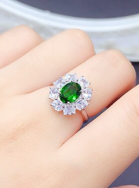 925银镶嵌天然透辉戒指绿色宝石女开口豪华时尚轻奢饰品