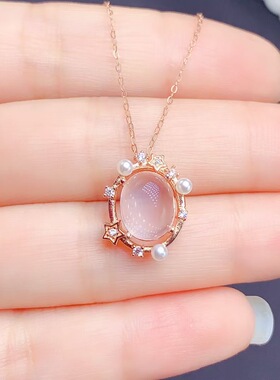 新款天然粉水晶吊坠925银镶嵌女时尚轻奢饰品送女友新年礼物