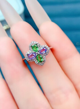 天然坦桑石沙弗莱戒指925银镶嵌开口女日韩简约时尚