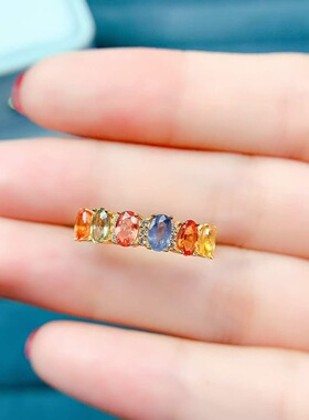 天然彩色蓝宝石戒指925银镶嵌开口女日韩简约时尚