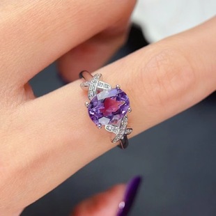 新款 轻奢饰品送女友 天然巴西紫水晶戒指925银镶嵌女开口时尚